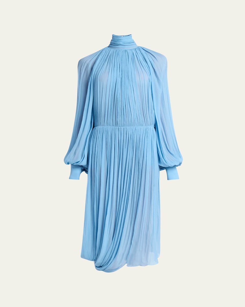 Draped High Neck Silk Midi Dress